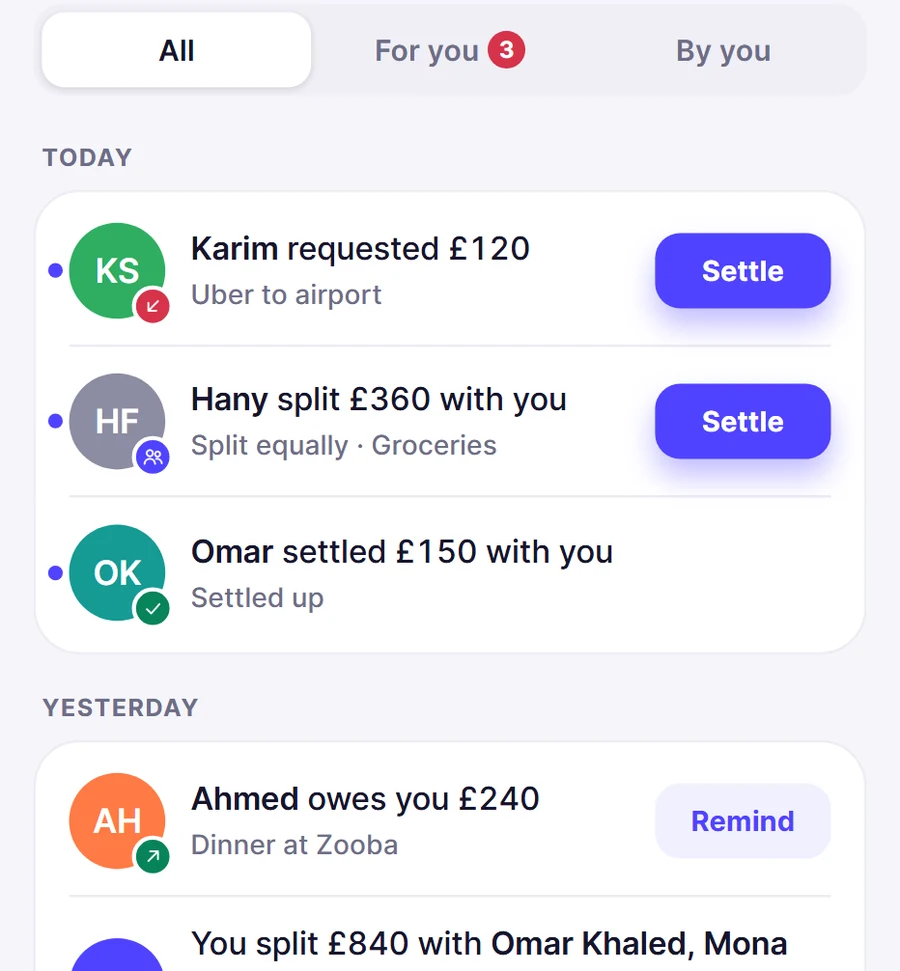 Frimo's activity feed: Karim requested £120, Hany split £360 with you, Omar settled £150, Ahmed owes you £240
