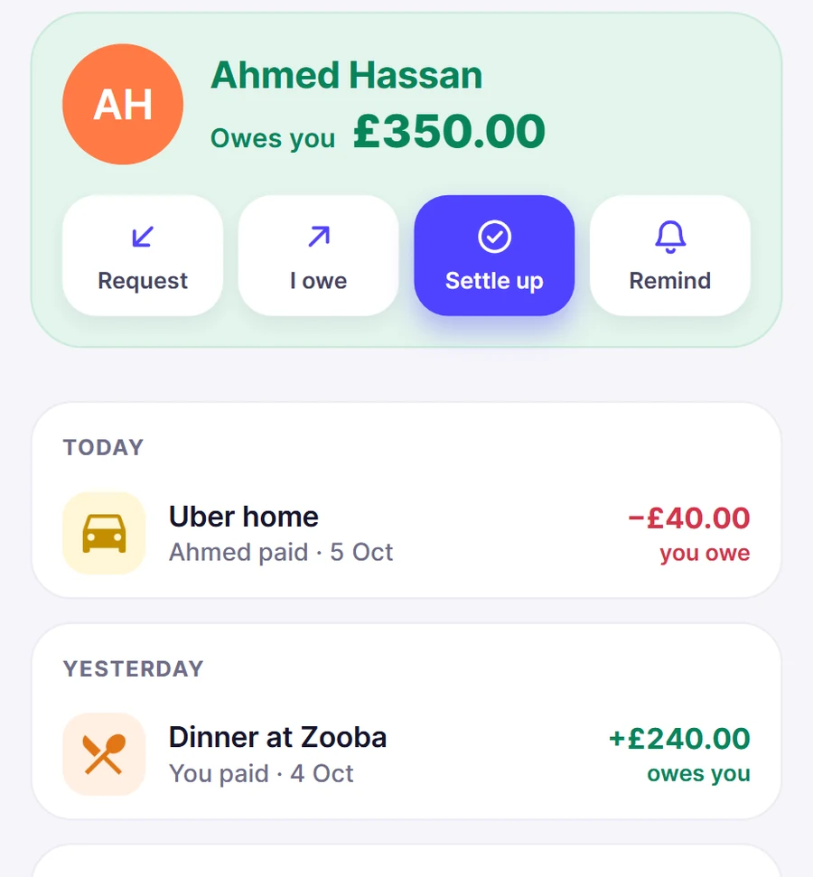 A friend's page in Frimo: Ahmed owes you £350, with buttons to request, settle up or remind, and your shared expenses