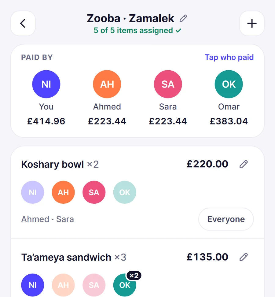 A scanned receipt from Zooba in Frimo: who paid how much, and who had each item