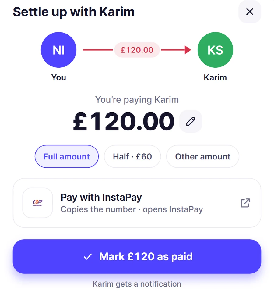 Settling up £120 with Karim in Frimo: pay the full amount, half or another amount, pay with InstaPay, and mark it as paid