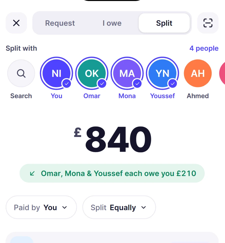 Splitting £840 in Frimo with Omar, Mona and Youssef: each owes you £210, paid by you, split equally